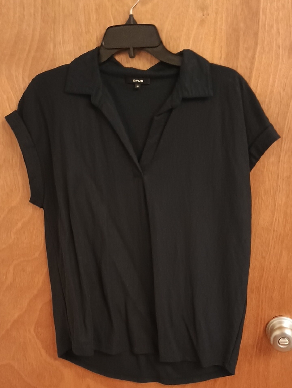 Navy  Linen Like Short-Sleeve Collared Blouse